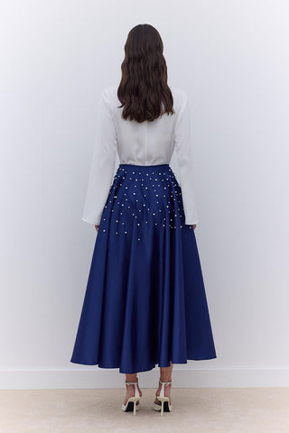 Pearl Embellished Flared Evening Skirt Night Blue