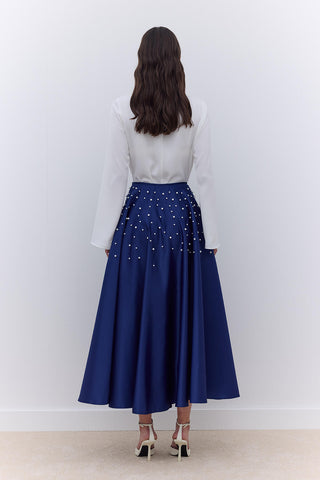 Pearl Embellished Flared Evening Skirt Night Blue