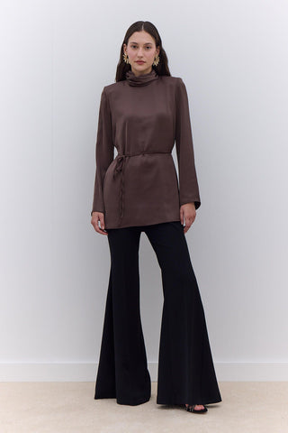 Satin Wide Sleeve Tunic Brown