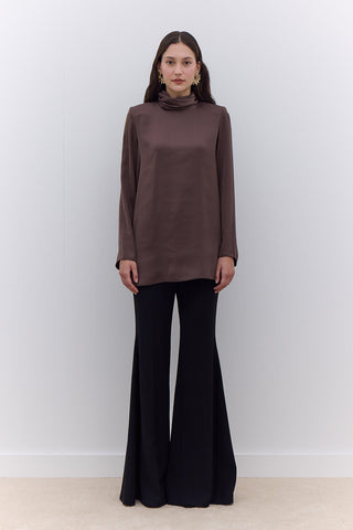 Saten Geniş Kollu Tunik Kahverengi