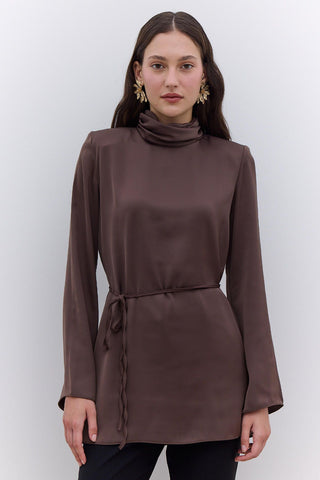 Satin Wide Sleeve Tunic Brown