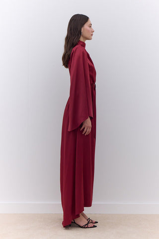 Satin Wide Sleeve Evening Dress Burgundy