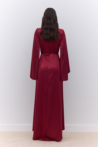 Satin Wide Sleeve Evening Dress Burgundy