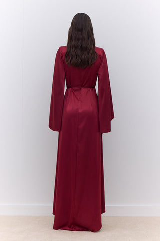 Satin Wide Sleeve Evening Dress Burgundy