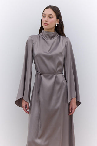 Satin Wide Sleeve Evening Dress Silver