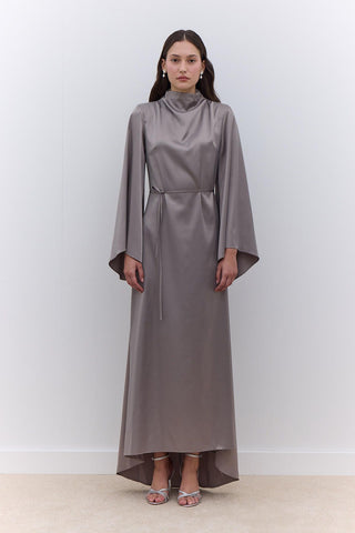 Satin Wide Sleeve Evening Dress Silver