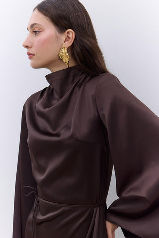 Satin Wide Sleeve Evening Dress Brown