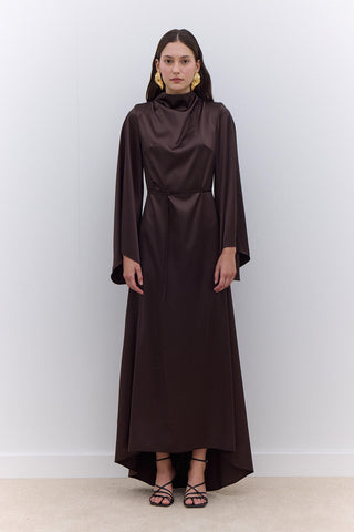 Satin Wide Sleeve Evening Dress Brown