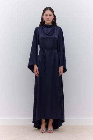 Satin Wide Sleeve Evening Dress Navy Blue