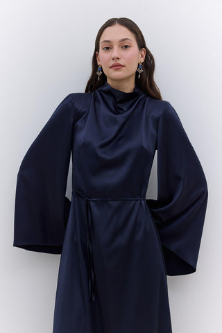 Satin Wide Sleeve Evening Dress Navy Blue