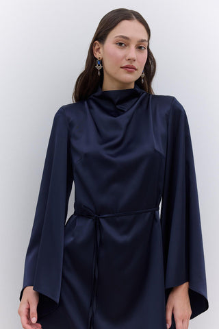 Satin Wide Sleeve Evening Dress Navy Blue