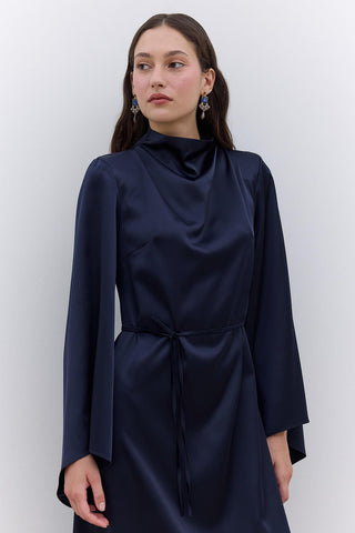 Satin Wide Sleeve Evening Dress Navy Blue