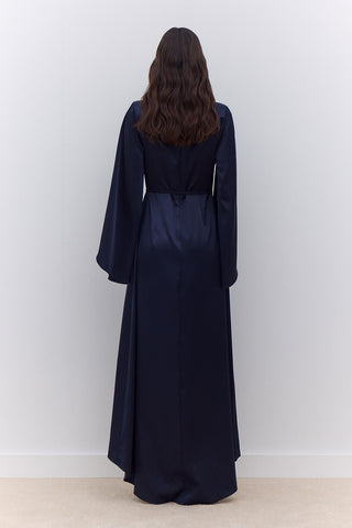 Satin Wide Sleeve Evening Dress Navy Blue