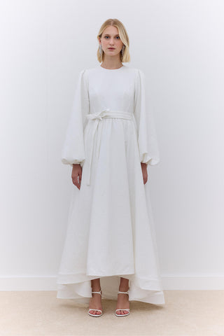 Jakarlı Kuyruklu Abiye Elbise Ekru