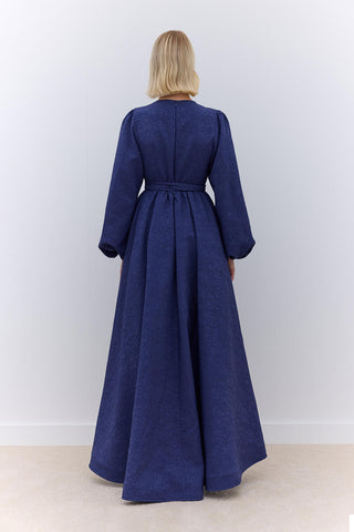 Jacquard Tailed Evening Dress Night Blue