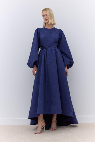 Jakarlı Kuyruklu Abiye Elbise Gece Mavisi