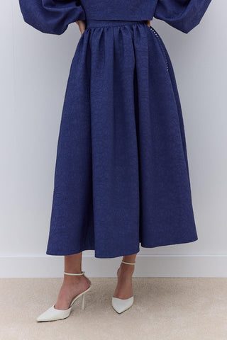 Pearl Embellished Jacquard Skirt Night Blue