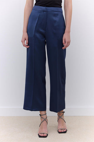 Satin Straight Leg Trousers Navy Blue