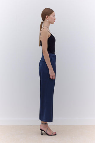 Satin Straight Leg Trousers Navy Blue