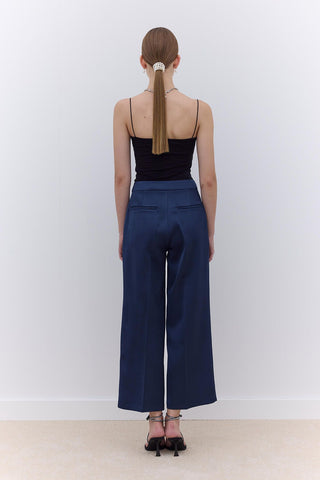 Satin Straight Leg Trousers Navy Blue