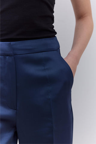 Satin Straight Leg Trousers Navy Blue