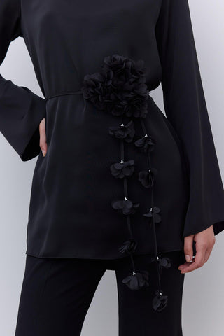 Flower Detail Tie Belt Black