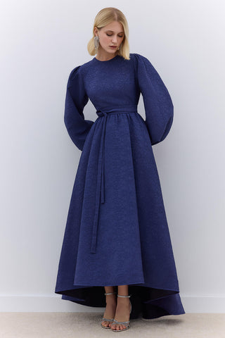 Jakarlı Kuyruklu Abiye Elbise Gece Mavisi