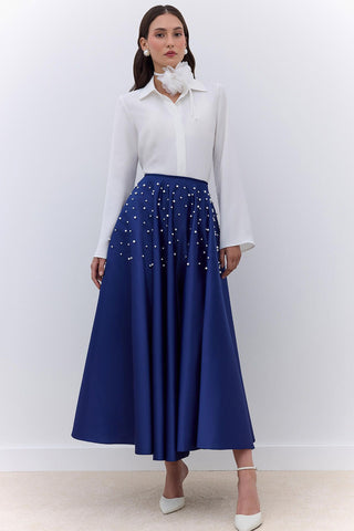 Pearl Embellished Flared Evening Skirt Night Blue