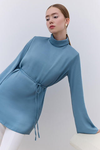 Satin Wide Sleeve Tunic Blue