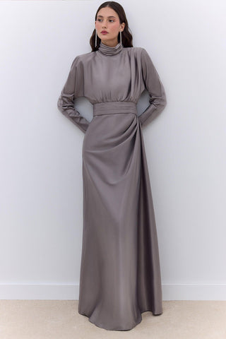 Satin Draped Shoulder Evening Dress Silver