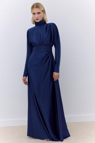 Satin Draped Shoulder Evening Dress Navy Blue