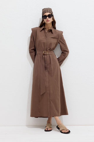 Belted Long Sleeve Dress Brown