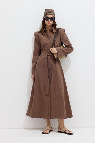 Belted Long Sleeve Dress Brown