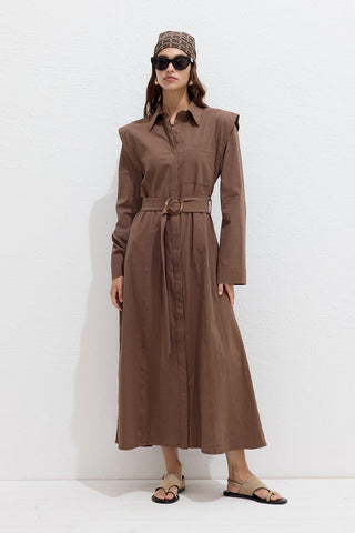 Belted Long Sleeve Dress Brown