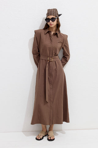 Belted Long Sleeve Dress Brown