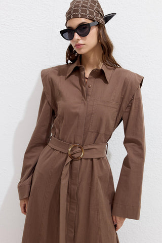 Belted Long Sleeve Dress Brown