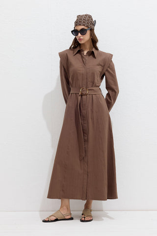 Belted Long Sleeve Dress Brown