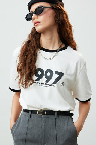 Kontrast Çizgili Baskılı T-Shirt Siyah