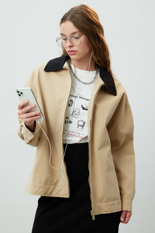 Contrast Collar Gabardine Jacket Camel