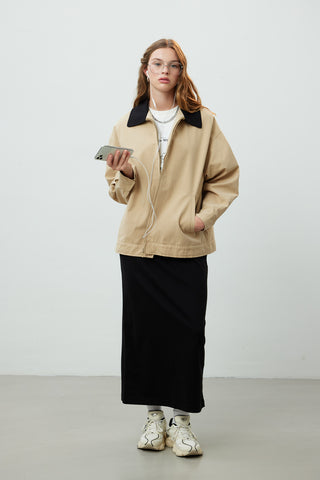 Contrast Collar Gabardine Jacket Camel