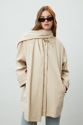 Stockholm Scarf Detailed Oversize Trench Coat Beige