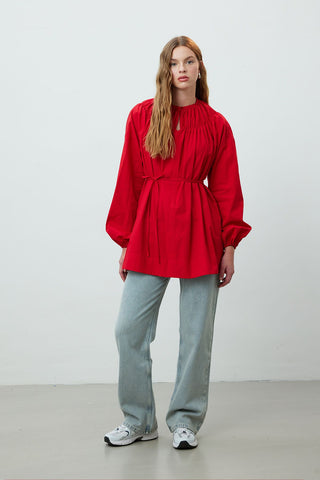 Shirred Collar Tunic Red