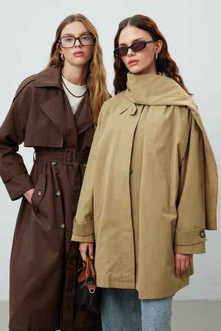 Stockholm Scarf Detailed Oversize Trench Coat Green