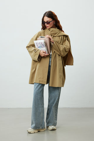 Stockholm Scarf Detailed Oversize Trench Coat Green