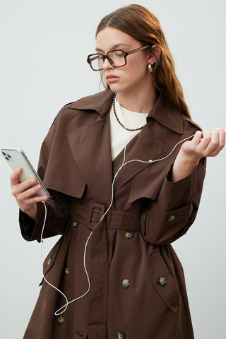 DÜĞMELİ KRUVAZE TRENÇKOT ACI KAHVE