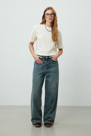 Wide Leg Denim Trousers Dark Blue