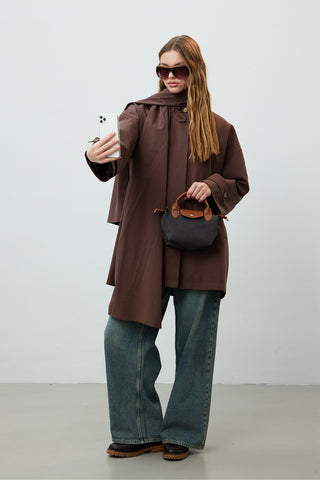 Stockholm Scarf Detailed Oversize Trench Coat Brown