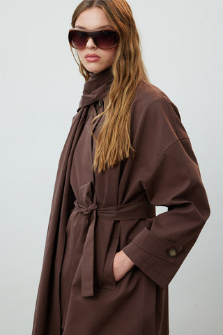 Stockholm Scarf Detailed Oversize Trench Coat Brown