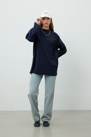 Oversize Cotton Long Sleeve T-Shirt Navy Blue