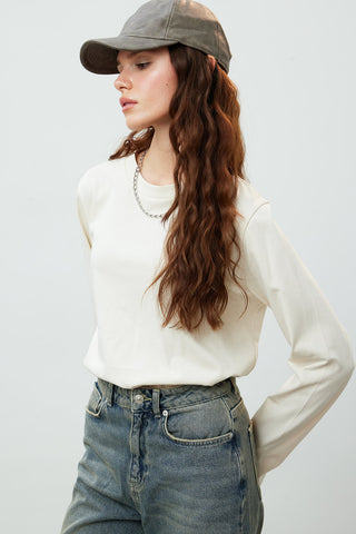 Fitted Long Sleeve Cotton T-Shirt Vanilla